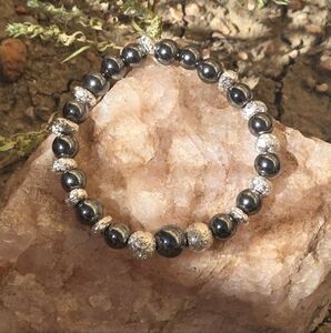 Hematite and Silver coated lava stone stretchy bracelet